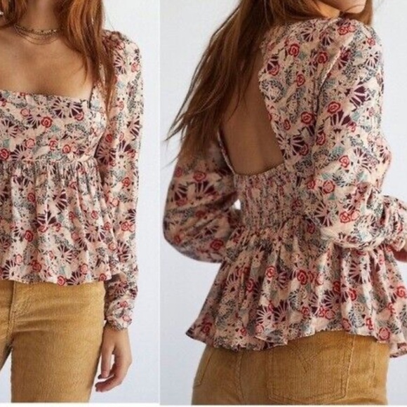 Free People Silent Rawr Square Neck Peplum Open Back Top - Picture 1 of 8